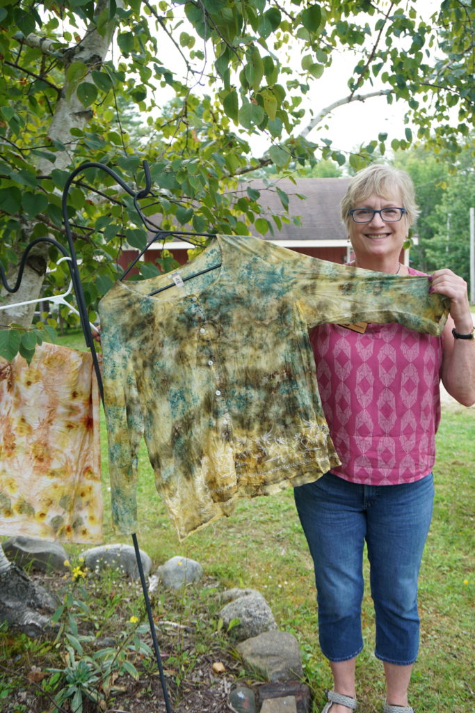 Botanical printed shirt with dye harvested from the garden at Searsport Shores Ocean Campground