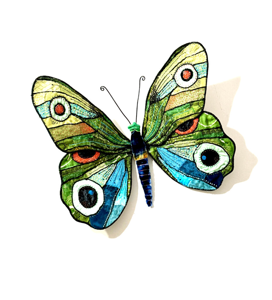 Butterfly sculpture for Fiber College Touchstone Workshops by Linda Facci