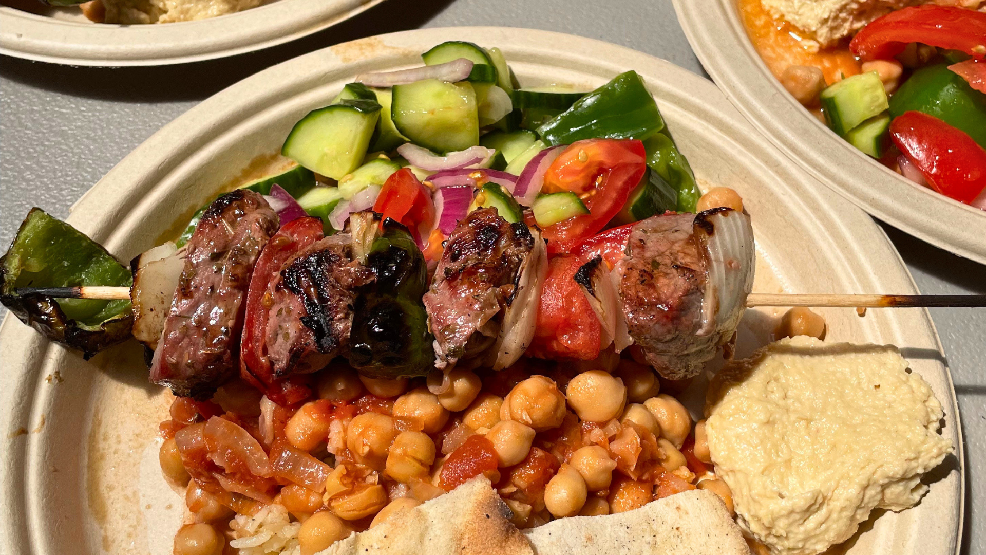 Armenian Shish Kebab with Chickpeas, salad and hummous